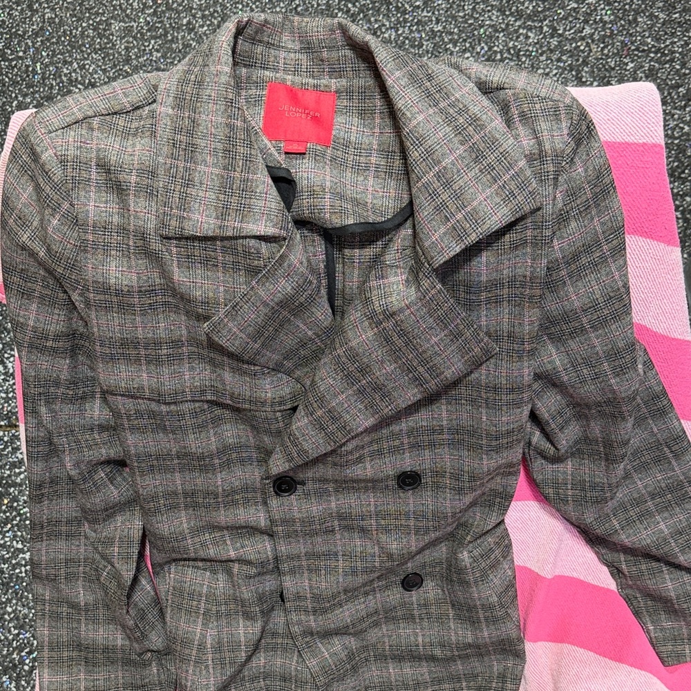 Jennifer Lopez Gray Plaid Double-Breasted Blazer